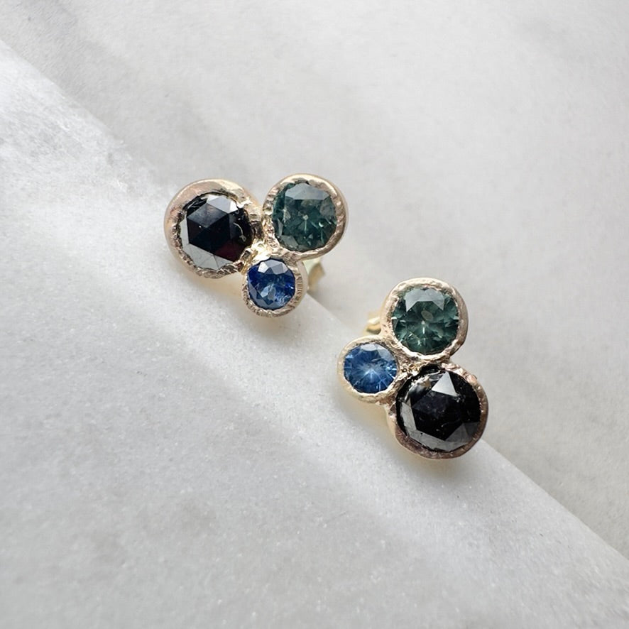Organic Cluster Earrings with Black Diamond and Sapphires
