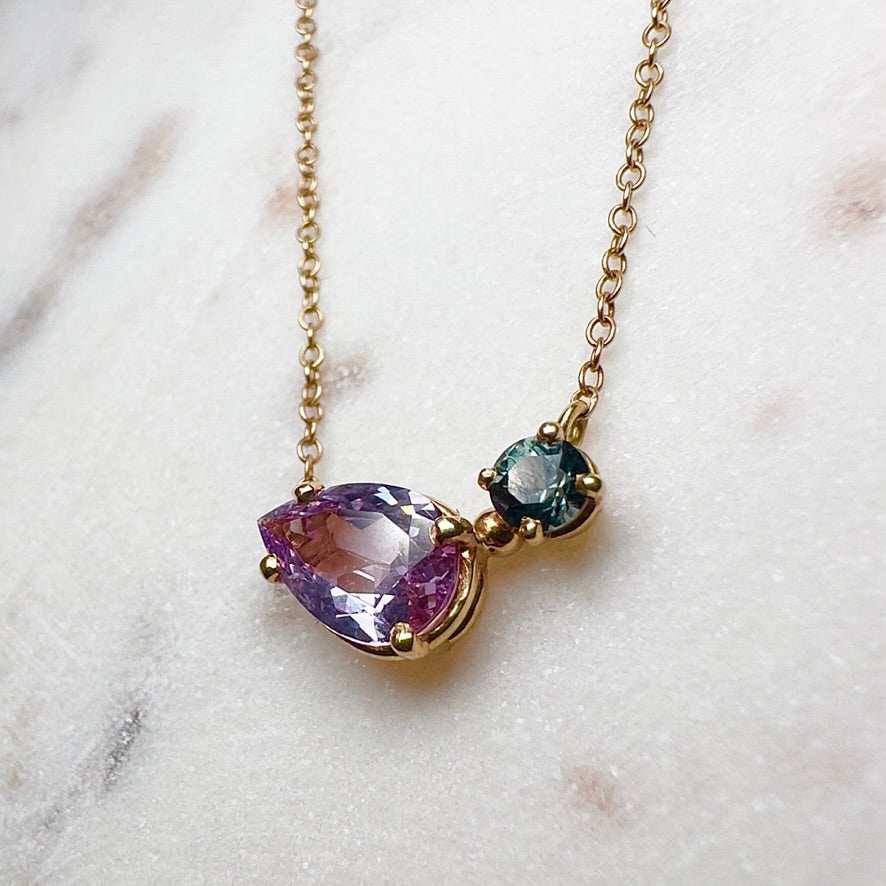 Spinel and Montana Sapphire Toi et Moi Pendant in 14k Yellow Gold