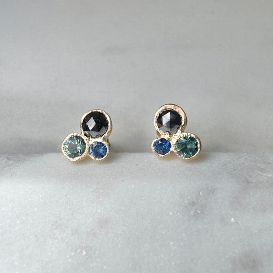 Organic Cluster Earrings with Black Diamond and Sapphires