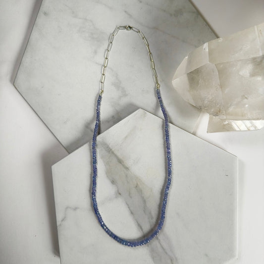 Tanzanite Beaded Necklace with Paperclip Chain