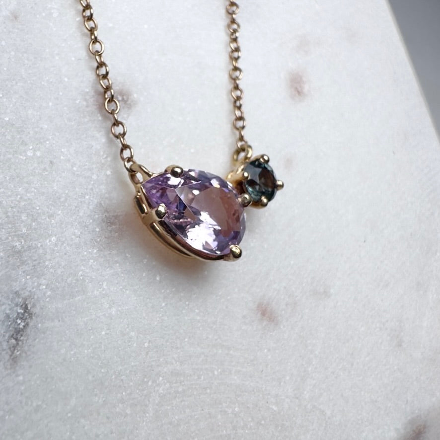 Spinel and Montana Sapphire Toi et Moi Pendant in 14k Yellow Gold